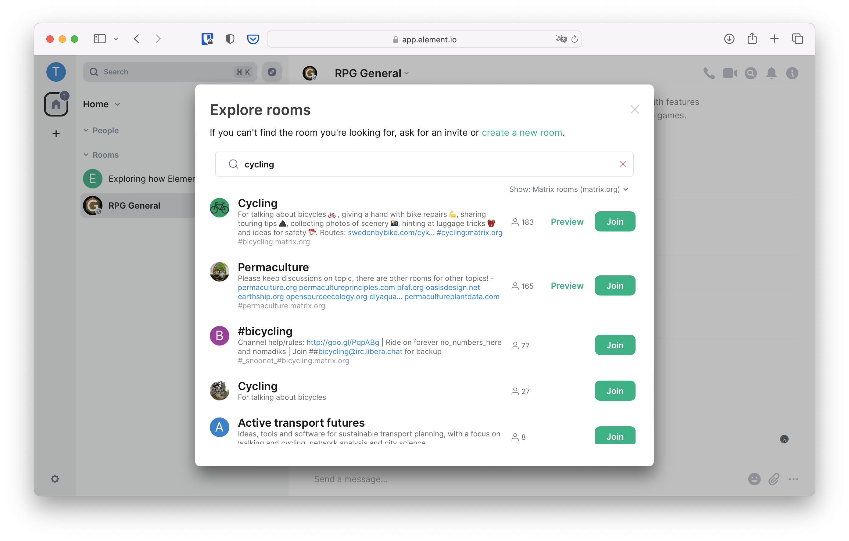 The search box now contains "cycling" and rooms which contain this word in their name or topic make up the list of results, ordered by member count.